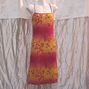 Pretty bright floral pink yellow spaghetti strap open back spring/summer dress L